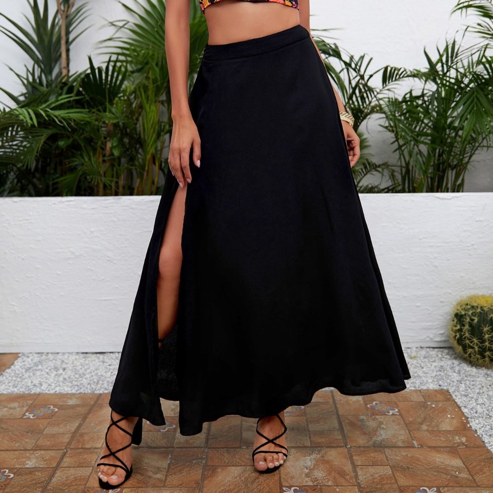 Black Boho Womens High Waist Split Thigh Skirt